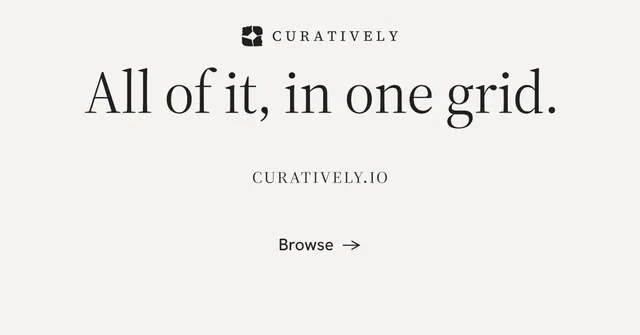 Social ad for Curatively: "All of it, in one grid." Minimal luxury style, smallcaps layout, light palette in white, grey.