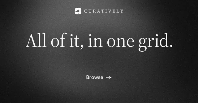 Social ad for Curatively: "All of it, in one grid." Minimal luxury style, centred layout, dark palette in black, grey.