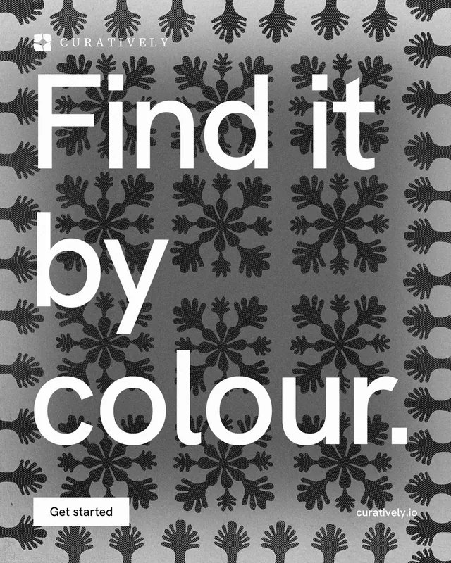 Instagram portrait post for Curatively: "Find it by colour." Swiss style, poster layout, light palette in grey, black, white.