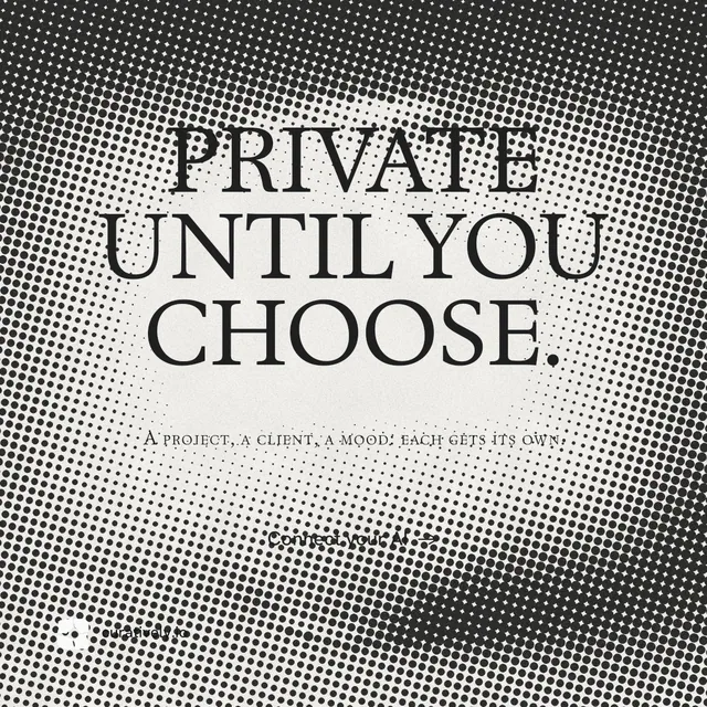 Instagram post for Curatively: "Private until you choose." Retro print style, smallcaps layout, light palette in grey, white.