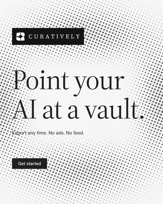Instagram portrait post for Curatively: "Point your AI at a vault." Split block style, announce layout, light palette in white, grey.