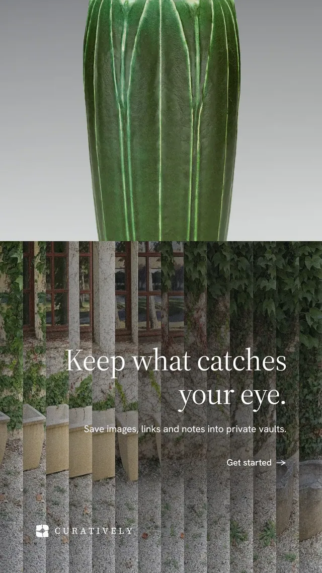 Instagram story for Curatively: "Keep what catches your eye." Minimal luxury style, right layout, dark palette in grey, black.