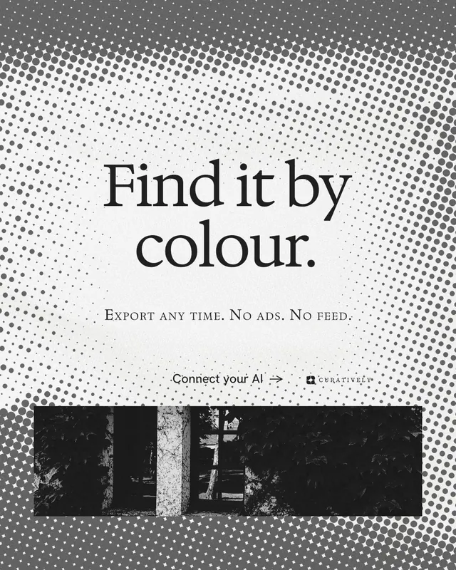 Instagram portrait post for Curatively: "Find it by colour." Swiss style, smallcaps layout, light palette in white, grey, black.