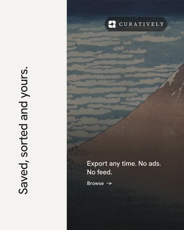 Instagram portrait post for Curatively: "Saved, sorted and yours." Minimal luxury style, vertical layout, light palette in white, black, grey.