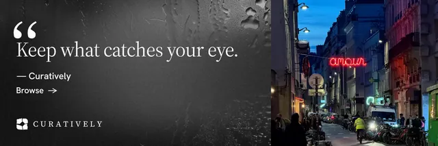 X header for Curatively: "Find it by colour." Minimal luxury style, quote layout, dark palette in black, grey.