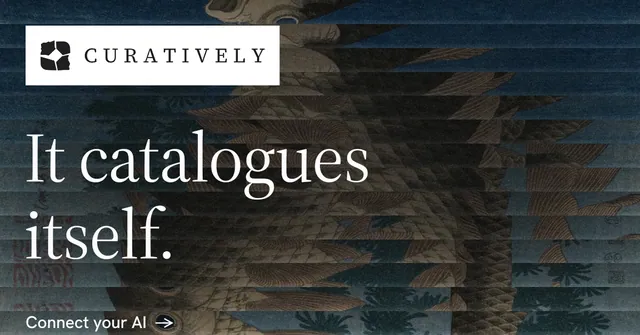 Social ad for Curatively: "It catalogues itself." Minimal luxury style, announce layout, dark palette in black, grey.