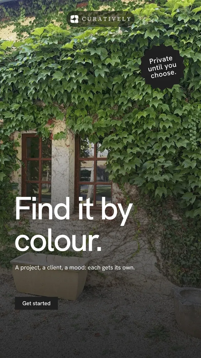 Instagram story for Curatively: "Find it by colour." Swiss style, sticker layout, dark palette in grey, black, green.