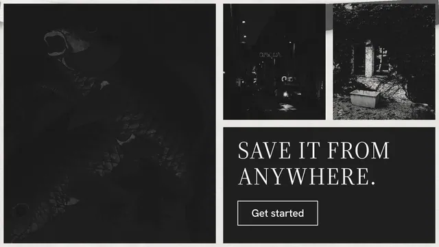 Landscape graphic for Curatively: "Save it from anywhere." Editorial style, collage layout, dark palette in black, grey.
