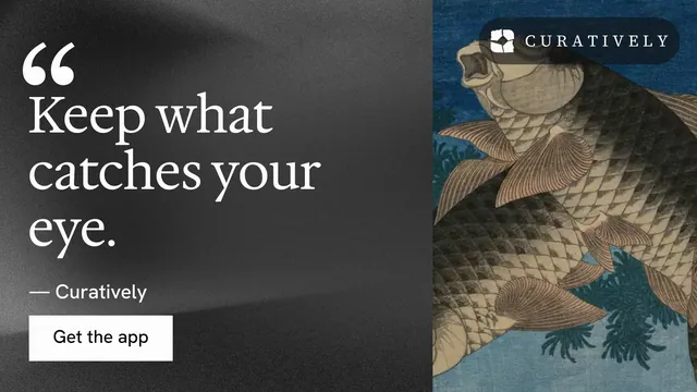 Landscape graphic for Curatively: "Find it by colour." Swiss style, quote layout, dark palette in black, grey, blue.