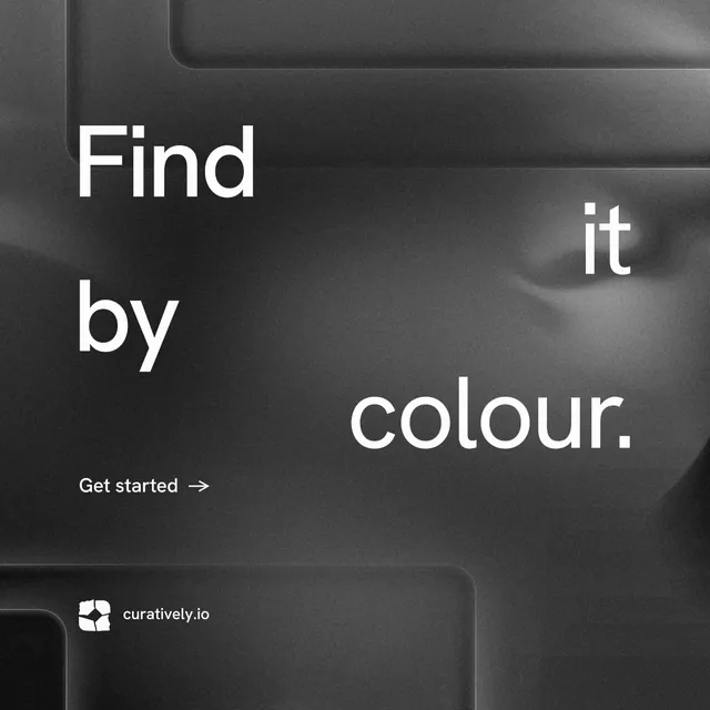 Instagram post for Curatively: "Find it by colour." Minimal luxury style, stacked layout, dark palette in black, grey.