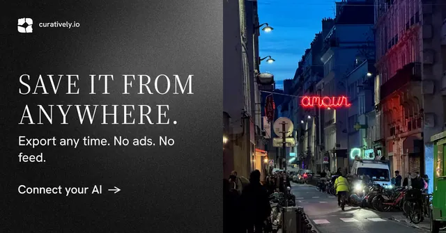 Social ad for Curatively: "Save it from anywhere." Minimal luxury style, bottom layout, dark palette in black, grey, blue.