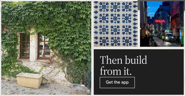 Social ad for Curatively: "Then build from it." Editorial style, collage layout, dark palette in grey, black.