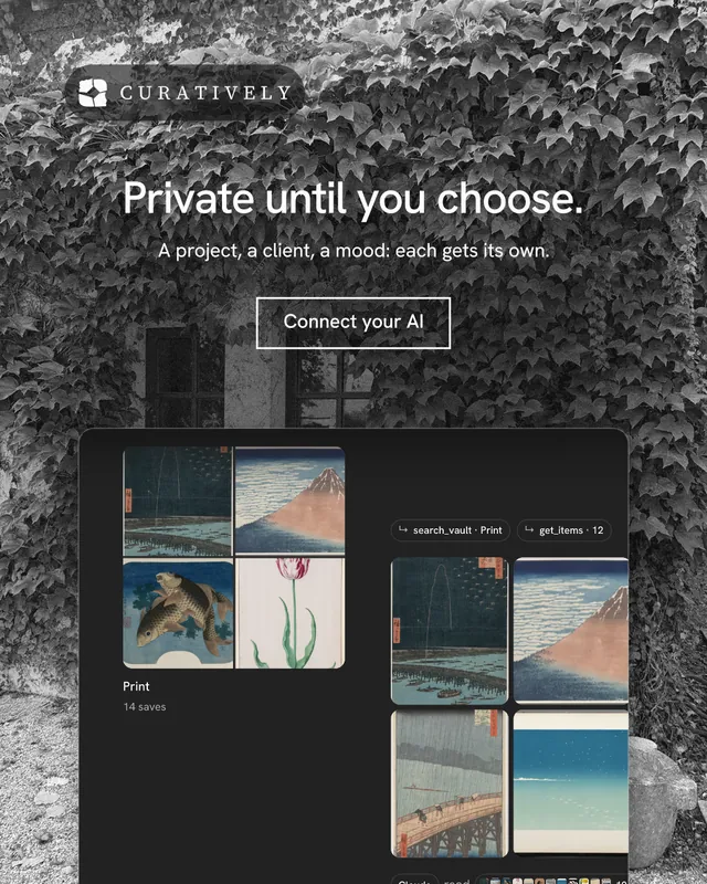 Instagram portrait post for Curatively: "Private until you choose." Editorial style, centred layout, dark palette in black, grey.