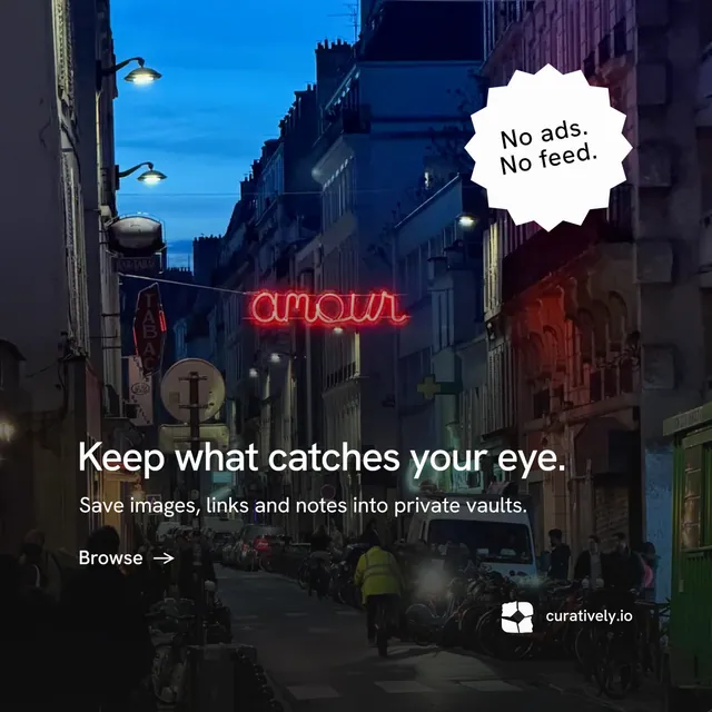 Instagram post for Curatively: "Keep what catches your eye." Minimal luxury style, sticker layout, dark palette in black, blue, pink.