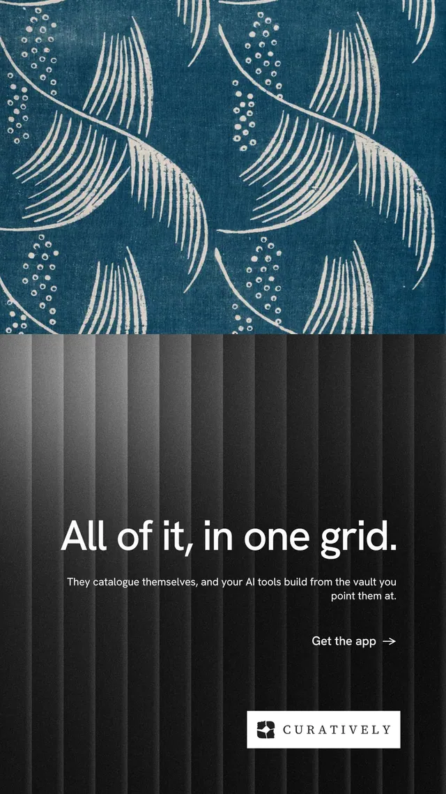 Instagram story for Curatively: "All of it, in one grid." Minimal luxury style, right layout, dark palette in black, blue, grey.