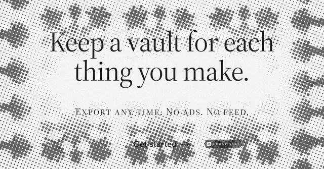 Social ad for Curatively: "Keep a vault for each thing you make." Split block style, smallcaps layout, light palette in white, grey.