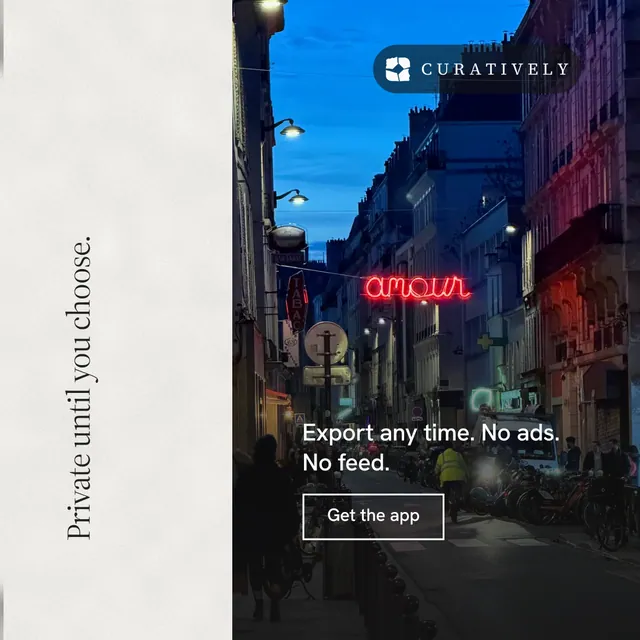 Instagram post for Curatively: "Private until you choose." Editorial style, vertical layout, light palette in black, white, blue.
