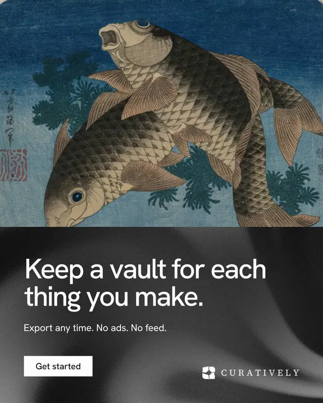 Instagram portrait post for Curatively: "Keep a vault for each thing you make." Swiss style, bottom layout, dark palette in grey, black, blue.