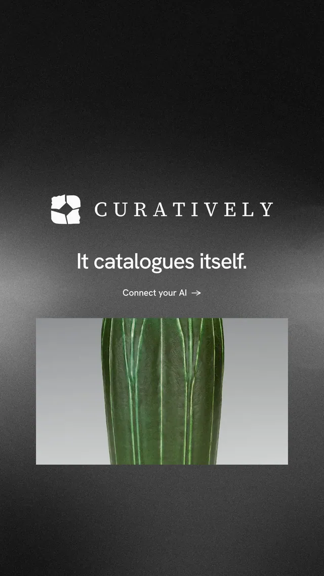 Instagram story for Curatively: "It catalogues itself." Minimal luxury style, logo hero layout, dark palette in black, grey.