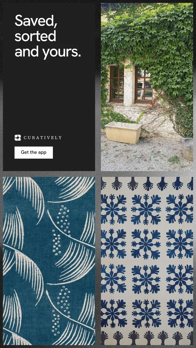 Instagram story for Curatively: "Saved, sorted and yours." Swiss style, collage layout, dark palette in teal, black, grey.