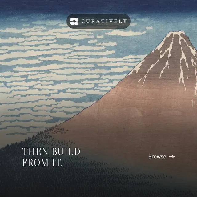 Instagram post for Curatively: "Then build from it." Minimal luxury style, image led layout, light palette in black, grey.
