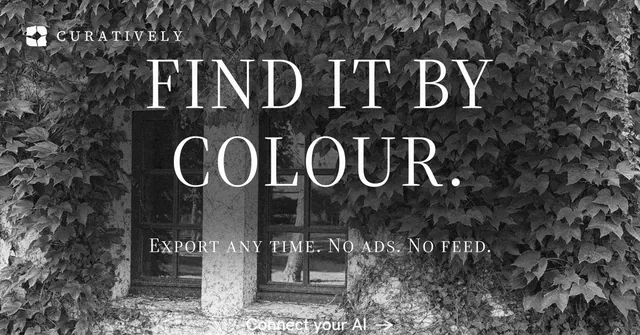 Social ad for Curatively: "Find it by colour." Editorial style, smallcaps layout, dark palette in black, grey.