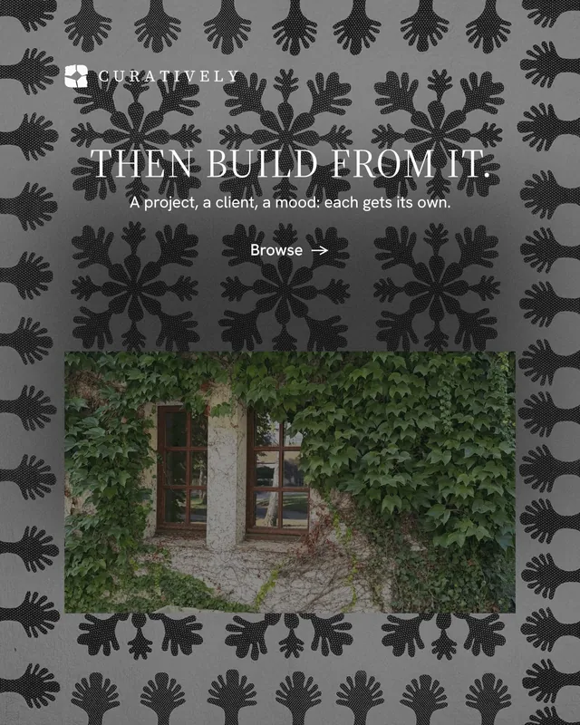 Instagram portrait post for Curatively: "Then build from it." Minimal luxury style, centred layout, dark palette in grey, black.