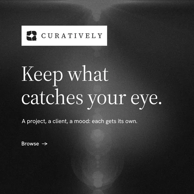 Instagram post for Curatively: "Keep what catches your eye." Minimal luxury style, announce layout, dark palette in black, grey.