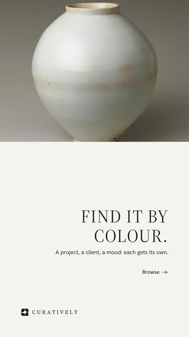 Instagram story for Curatively: "Find it by colour." Minimal luxury style, right layout, light palette in white, grey.