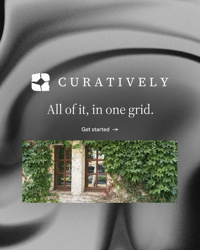 Instagram portrait post for Curatively: "All of it, in one grid." Minimal luxury style, logo hero layout, light palette in grey, black.