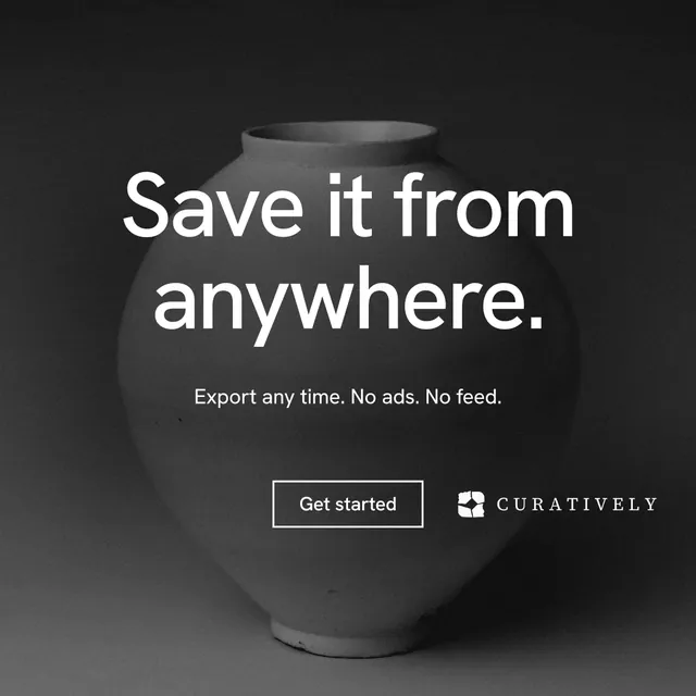 Instagram post for Curatively: "Save it from anywhere." Editorial style, centred layout, dark palette in black, grey.