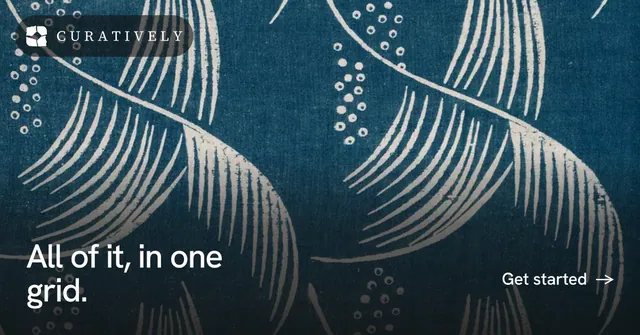 Social ad for Curatively: "All of it, in one grid." Swiss style, image led layout, dark palette in black, blue, grey.