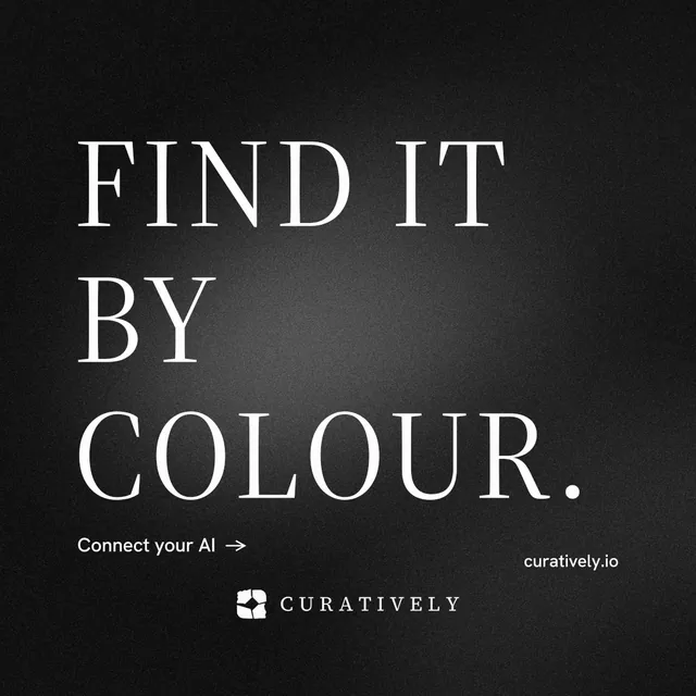 Instagram post for Curatively: "Find it by colour." Minimal luxury style, poster layout, dark palette in black, grey.