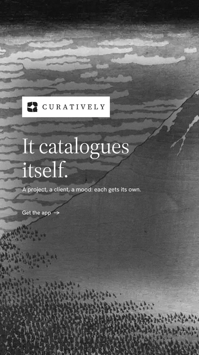 Instagram story for Curatively: "It catalogues itself." Minimal luxury style, announce layout, dark palette in grey, black.
