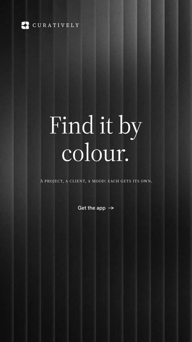 Instagram story for Curatively: "Find it by colour." Minimal luxury style, smallcaps layout, dark palette in black, grey.