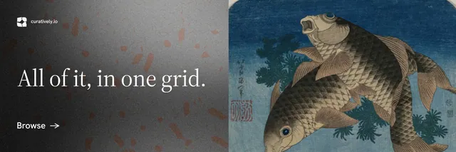 X header for Curatively: "All of it, in one grid." Minimal luxury style, bottom layout, dark palette in grey, black, blue.