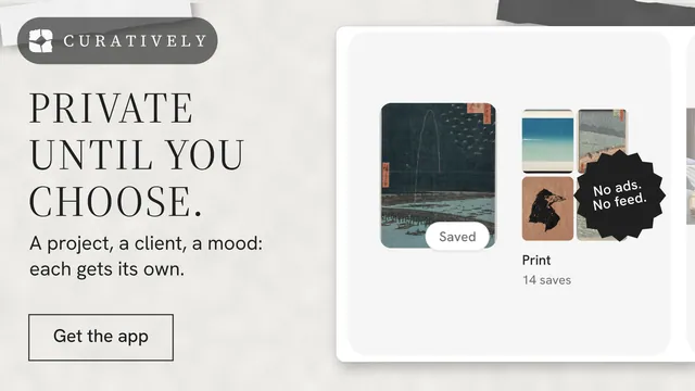 Landscape graphic for Curatively: "Private until you choose." Editorial style, sticker layout, light palette in white, grey.