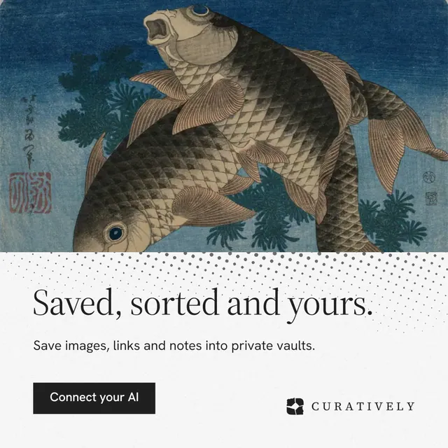 Instagram post for Curatively: "Saved, sorted and yours." Split block style, bottom layout, light palette in grey, blue, white.