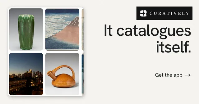 Social ad for Curatively: "It catalogues itself." Minimal luxury style, right layout, light palette in white, grey.