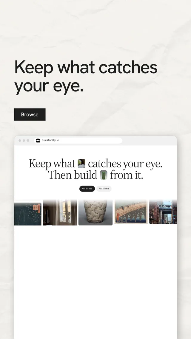 Instagram story for Curatively: "Keep what catches your eye." Swiss style, browser layout, light palette in white, grey.