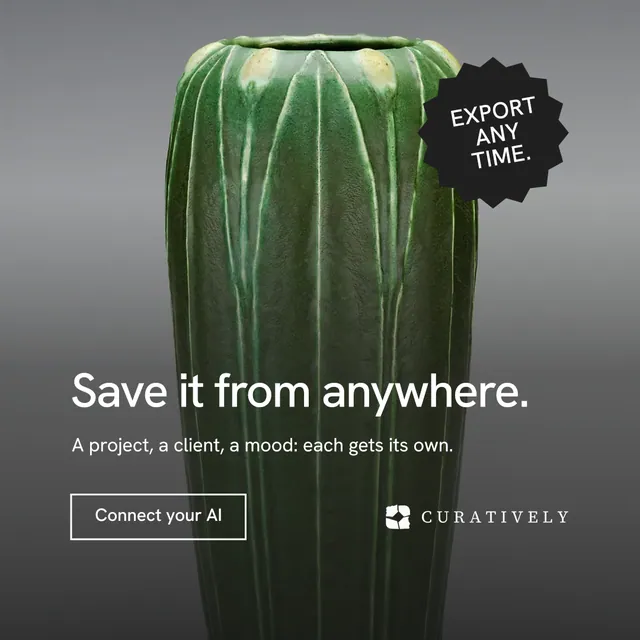 Instagram post for Curatively: "Save it from anywhere." Editorial style, sticker layout, dark palette in grey, black.