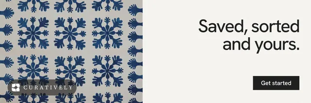 X header for Curatively: "Saved, sorted and yours." Swiss style, right layout, light palette in white, grey.