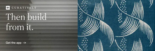 X header for Curatively: "Then build from it." Minimal luxury style, bottom layout, dark palette in blue, grey.