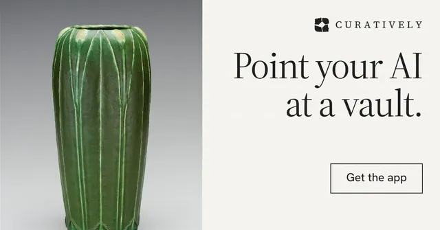 Social ad for Curatively: "Point your AI at a vault." Editorial style, right layout, light palette in white, grey.