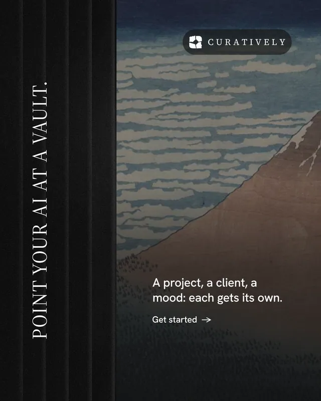 Instagram portrait post for Curatively: "Point your AI at a vault." Minimal luxury style, vertical layout, dark palette in grey, black.