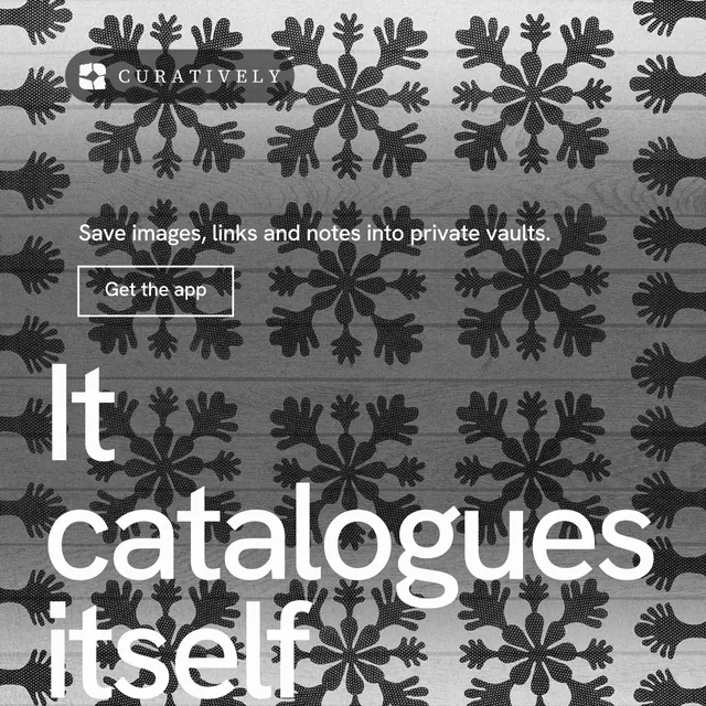Instagram post for Curatively: "Saved, sorted and yours." Editorial style, oversized layout, light palette in grey, black, white.