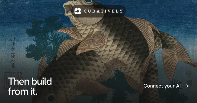 Social ad for Curatively: "Then build from it." Swiss style, image led layout, dark palette in black, blue, grey.