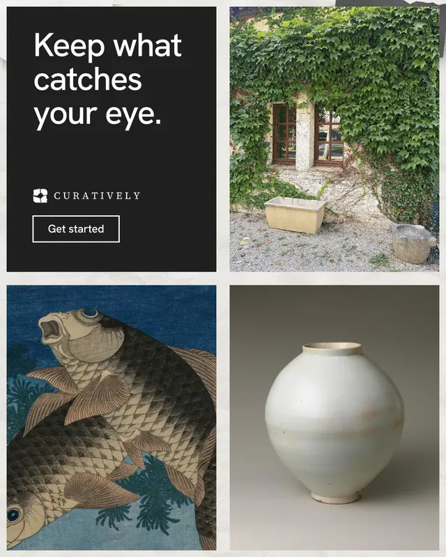 Instagram portrait post for Curatively: "Keep what catches your eye." Editorial style, collage layout, dark palette in grey, black, white.