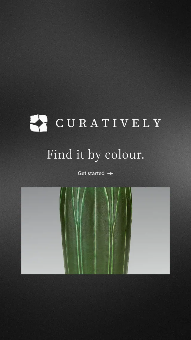 Instagram story for Curatively: "Find it by colour." Minimal luxury style, logo hero layout, dark palette in black, grey.