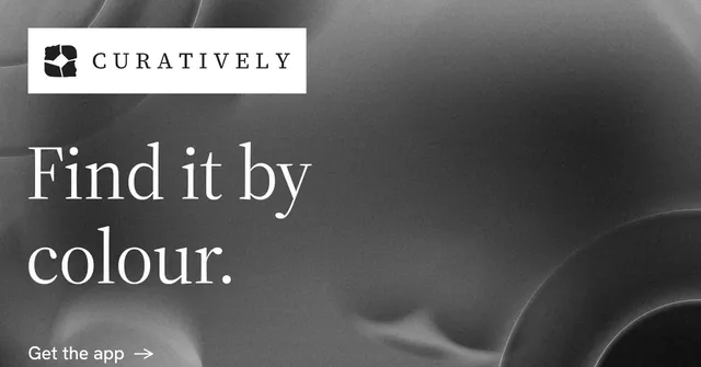 Social ad for Curatively: "Find it by colour." Minimal luxury style, announce layout, dark palette in grey, black.